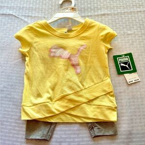 NWT Puma Toddler Set 12M Yellow Top Gray Pants Pink Logo Athleisure